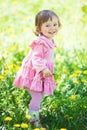 A little girl in a pink dress is laughing in a clearing with dandelions. Royalty Free Stock Photo