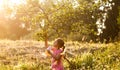 Little girl in pink dress picking fresh apples growing on apple tree in summer field Royalty Free Stock Photo