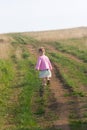 Little girl in a pink dress walking along a road Royalty Free Stock Photo