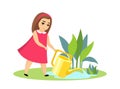 Little girl in pink dress waters growing plants with watering can. Cute female child hobby gardening. Kid working in Royalty Free Stock Photo