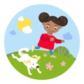 Little girl play with dog. Everyday affairs. Health and rest. Cute cartoon character. Vector illustration for children Royalty Free Stock Photo