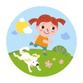 Little girl play with dog. Everyday affairs. Health and rest. Cute cartoon character. Vector illustration for children Royalty Free Stock Photo