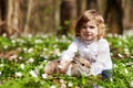 Little girl  play with real rabbit in the garden. Cute child at Easter egg hunt with  pet bunny. Spring outdoor fun for kids with Royalty Free Stock Photo