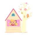 Little girl in playhouse with tree. Toy shop or store for children vector illustration. Happy girl looking out of house Royalty Free Stock Photo