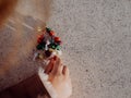 Little girl playing with bombs, colorful firecrackers