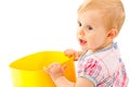 Little girl playing with building blocks