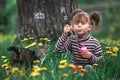 Little girl playing with a cat in the green grass. Royalty Free Stock Photo