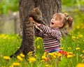Little girl playing with a cat in the park. Royalty Free Stock Photo