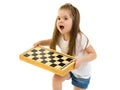Little girl playing chess.Isolated on white background Royalty Free Stock Photo