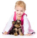 Little girl playing and crawling with a puppy. on white Royalty Free Stock Photo