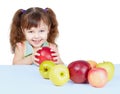 Little girl playing with fruits sitting at table Royalty Free Stock Photo