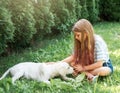 Little girl playing with a golden retriever puppy in the garden Royalty Free Stock Photo