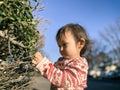 Little Girl Playing With Greenery