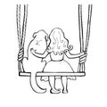 Little girl playing with her dog. Friends swing on the swing. Coloring book page