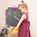 Little girl playing with her dog at school. She praises and pats her