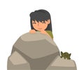 Little Girl Playing Hide and Seek Concealing Behind Boulder Vector Illustration