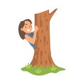 Little Girl Playing Hide and Seek Concealing Behind Tree Trunk Vector Illustration