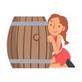 Little Girl Playing Hide and Seek Concealing Behind Wooden Barrel Vector Illustration