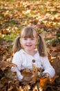 LIttle girl playing in leaf pile leaves