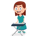 little girl playing piano, young pianist on performance, cartoon vector illustration on white background