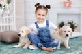 Little girl playing with Puppies Retriever Royalty Free Stock Photo