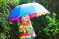 Little girl playing in the rain under umbrella Royalty Free Stock Photo