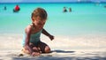 Little girl playing in the sand on the sea, background of sea white sand and blue water. Holiday and traveling with