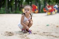 Little Girl Playing Sandbox Playground Digging Sand Shovel Building Sand Figure Summer Day Royalty Free Stock Photo