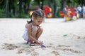 Little Girl Playing Sandbox Playground Digging Sand Shovel Building Sand Figure Summer Day Royalty Free Stock Photo