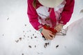 Little girl playing with snowman Royalty Free Stock Photo