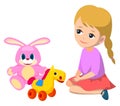 Girl Playing with Toys, Horse on Wheels and Bunny