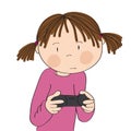 Little girl playing video games on game console, holding joystick, being very concentrated.