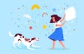 A little girl plays with a dog and laughs. Children`s joyful game with a pet on an abstract background