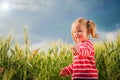 Little girl plays with between green grains on countryside