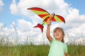 Little girl plays kite on meadow Royalty Free Stock Photo