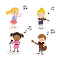 Little girl plays melody on flute. Set of kids enjoying their hobby on white background