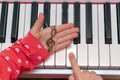 The little girl plays the piano. Hands of the musician on the piano keys while playing the instrument. Concert of Classical Music Royalty Free Stock Photo