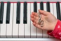 The little girl plays the piano. Hands of the musician on the piano keys while playing the instrument. Concert of Classical Music Royalty Free Stock Photo