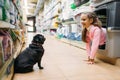 Little girl plays with puppy in pet shop Royalty Free Stock Photo