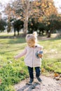 Little girl with a plush cat in her hand walks through the autumn park looking at the fallen leaves Royalty Free Stock Photo