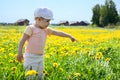 Little girl pointing at dandelions growing in meadow Royalty Free Stock Photo