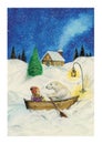 Little Girl and Polar Bear in a Boat Paddling in Snow