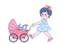 A little girl in a polka dot dress walks with a kitten in a stroller