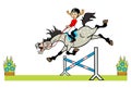 Little girl with pony jumping a hurdle