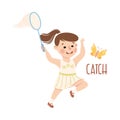 Little Girl with Ponytail Catching Butterfly with Net Vector Illustration Royalty Free Stock Photo