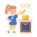 Little Girl with Ponytail Cooking Boiling Something in Pot Rested on Stove Vector Illustration