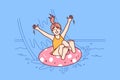 Little girl in pool floats on inflatable ring and enjoys visiting aqua park in sunny summer weather Royalty Free Stock Photo