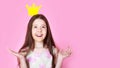 Little girl princess, crown, isolated on pink background. Kid wear golden crown symbol princess. Lady little princess