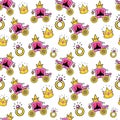 Little Girl Princess Seamless Background with Queen Coach, Crowns and Rings