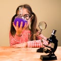 Little Girl Processing Chemical Homework Experiment with Chemical vessels. Child Education